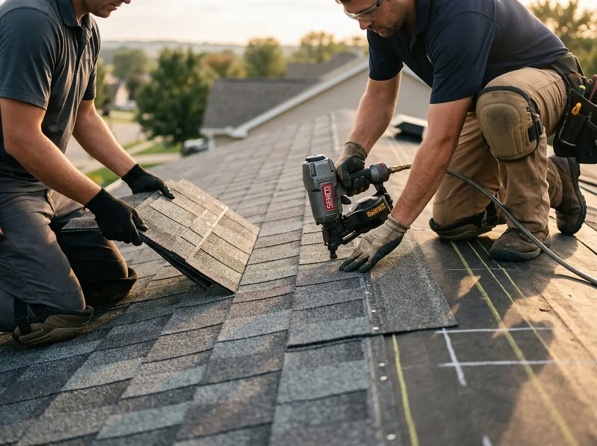 Professional roofer working on a residential roof in Hanover